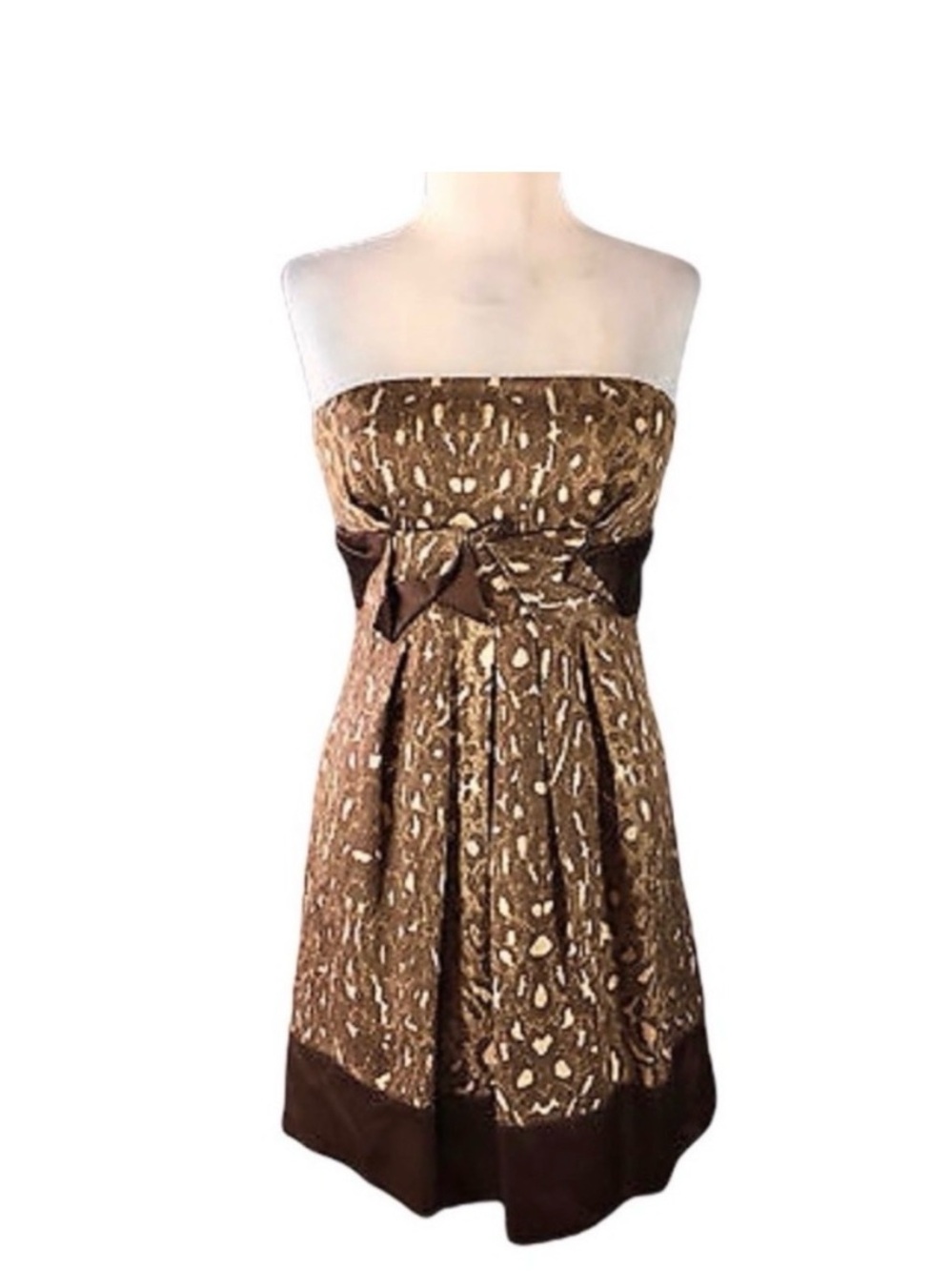 BCBGMaxAzria Strapless Brown Patterned A-Line Dress with Sash